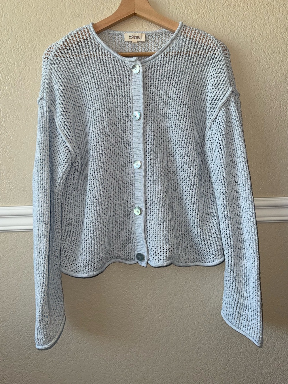 Haven Well Within Cotton Open Stitch Cardigan Button Light Blue Coastal Large